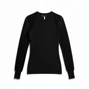 ME+EM Black Rib Knit Sweater Lace Sleeves Slim Fit Top Size Small crew neck